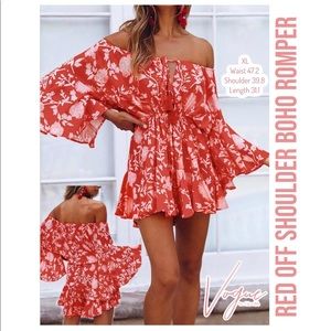 Red Off Shoulder Boho Romper